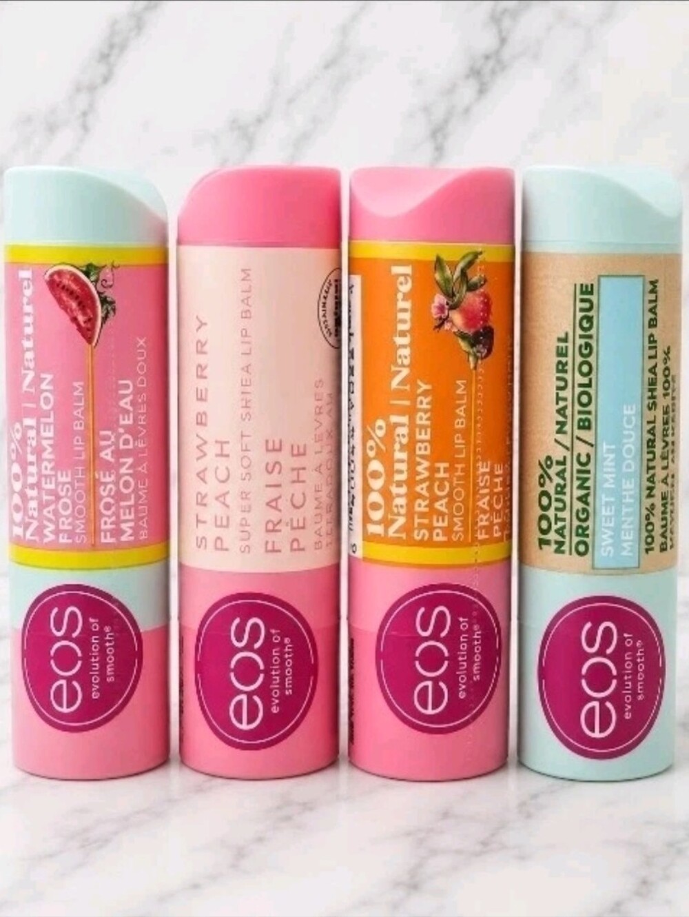 4 x Eos 100% Natural Lip Balm Sticks Strawberry Peach, Watermelon, Mint SEALED!